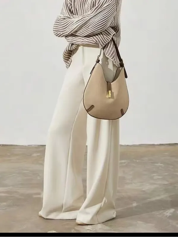 NEW faux leather round Light Taupe cream Crescent Shoulder Bag with Gold Accent - Image 7