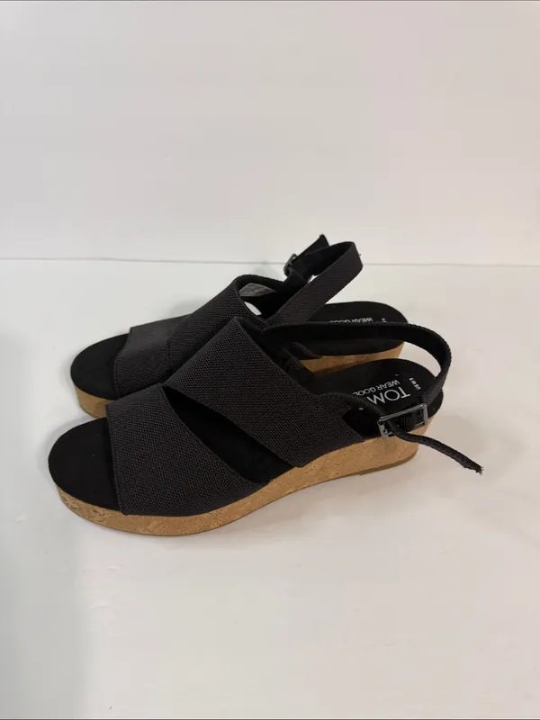 Toms Black Fabric Cork Wedge Sandals with Slingback - Image 5