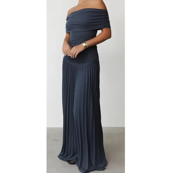 Women’s Navy Off-Shoulder Maxi Dress Pleated Skirt Size L - Image 14