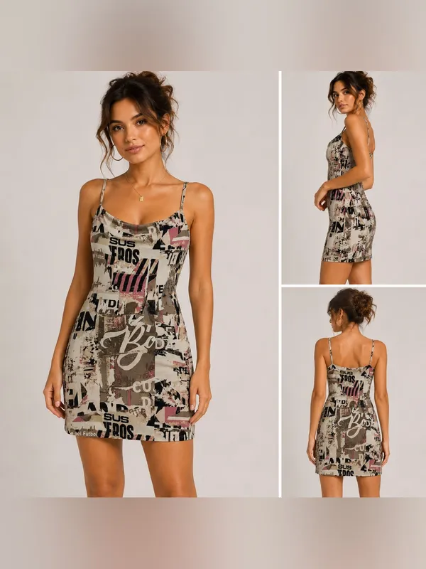 Forever 21 Size L Newspaper Graphic Cowl Neck Mesh Mini Dress Y2K Grunge - Image 2
