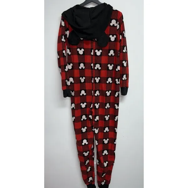Disney Mickey Mouse One Piece Pajamas Womens Medium Hooded Ears Red Black Fleece - Image 4