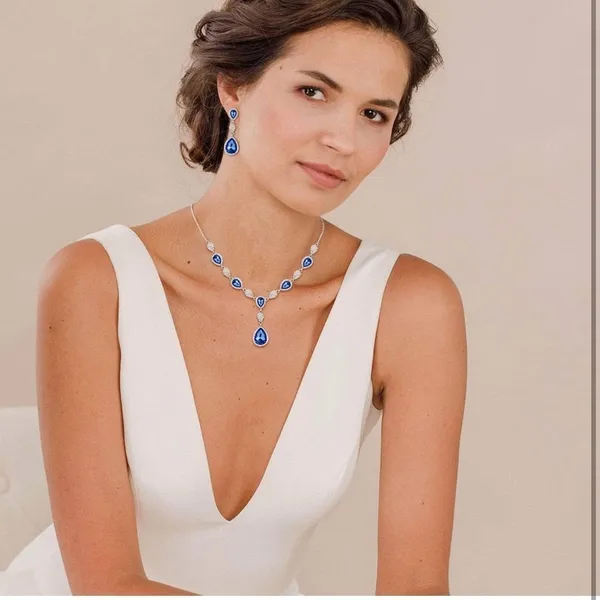 NIB!EleQueen Women Cubic Zirconia Teardrop Y-Necklaces Dangle Earrings Set - Image 3