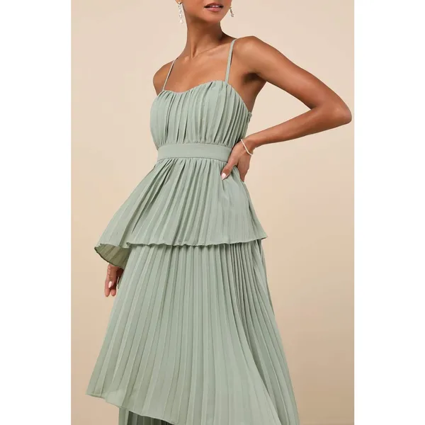 NEW Lulus Jehona Sage Green Brush Pleated Tiered Maxi Dress Chiffon Gown Large - Image 4