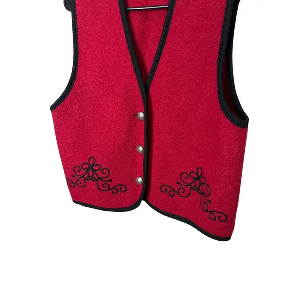 Vintage L.L.‎ Bean Wool Vest Women's Medium Red Black Embroidered Sleeveless - Image 3