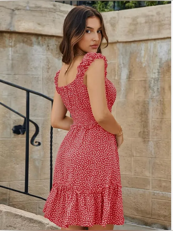 Red & White Polka Dot Smocked Sleeveless Mini Dress with Ruffle Hem Size Small - Image 2