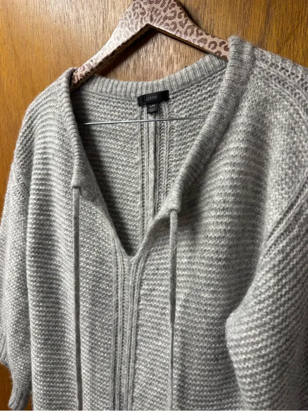 J. Crew Relaxed Tie Neck Long Sleeve Knit Sweater Midi Dress Wool Blend Gray S/M - Image 5