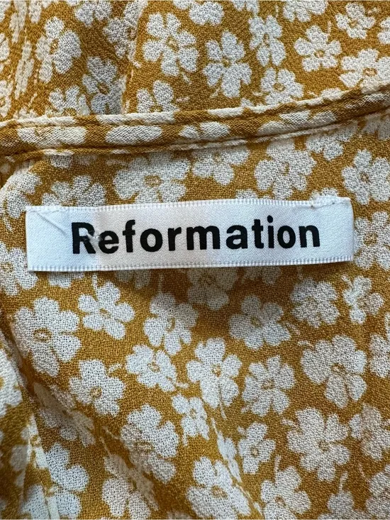 Reformation Gracie Short Sleeve Floral Print Crepe Mini Dress In Peru Yellow 12‎ - Image 12