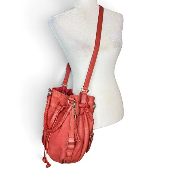 The Sak Red Pebbled Leather Bucket Bag Braided Drawstring Crossbody Handbag Hobo - Image 7