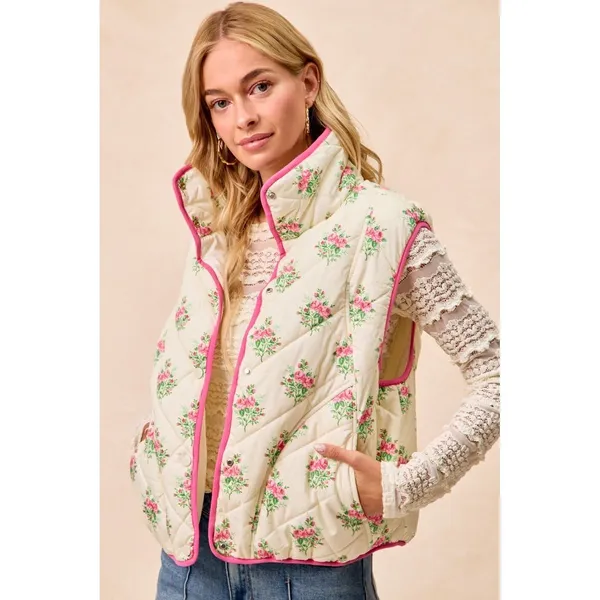 BiBi Floral Print Piping Detail Quilted Vest - Cream/Pink - Medium - Image 10