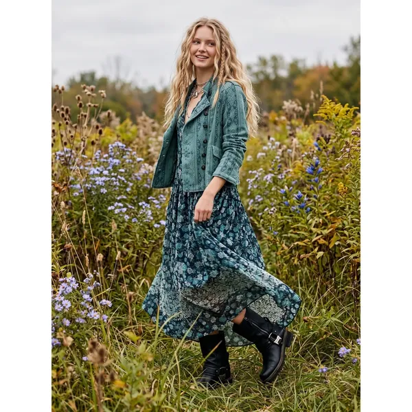 Free people Bohemian See it through Maxi Dress Twilight Floral Large Retro 70s - Image 8