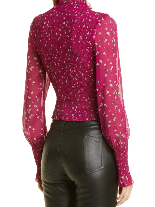 Rag & Bone Kayden Floral Smocked Blouse Pink Size S Mock Neck - Image 2