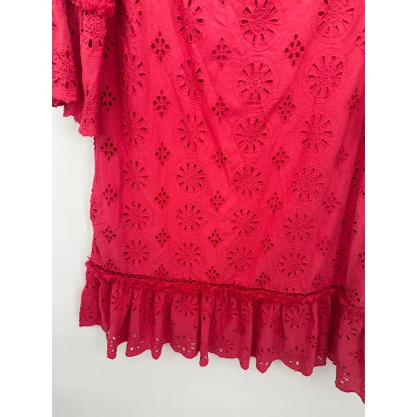 Anthropologie Pink‎ Eyelet Shift Dress Sz 8 Boho Ruffle Embroidered Feminine - Image 5