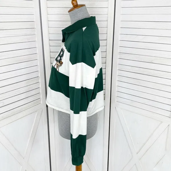 Disney Bambi Y2K Rugby Stripe‎ Cropped Polo Shirt Green White Small Long Sleeve - Image 2