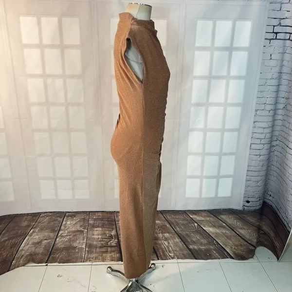 Dress Forum Tan Metallic Glitter High Neck Ruched Slit Bodycon Midi Dress Small - Image 7