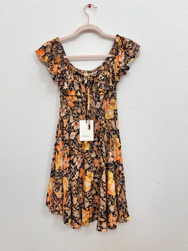 NWT Spell Hibiscus‎ Lane Off-Shoulder Sun Dress Licorice Floral XS Boho Mini - Image 2