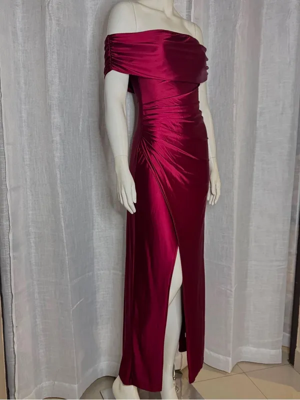 Off Shoulder Satin Maxi Dress Burgundy Pleated Ruched Front Slit Gown S - Image 7