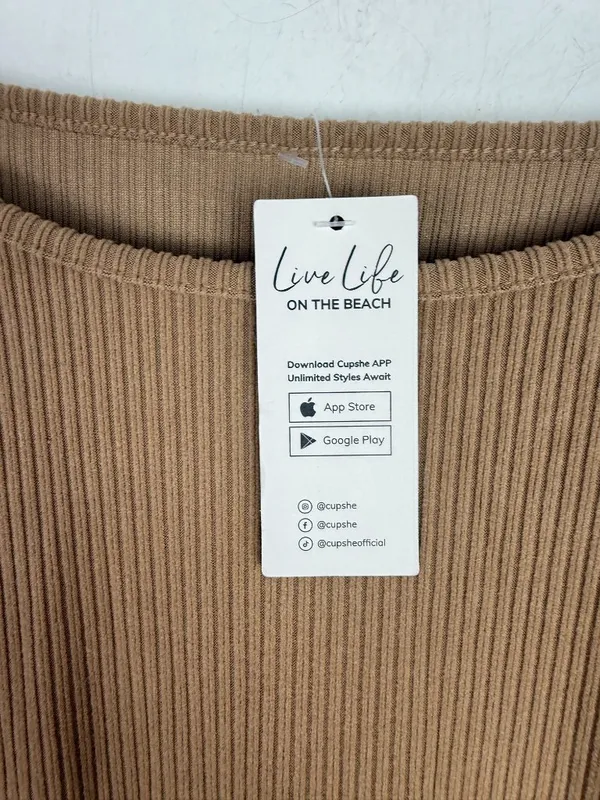 NWT Cupshe Belted Bishop Sleeve Rib Knit Mini Dress Brown Tan Size Medium M NEW - Image 6