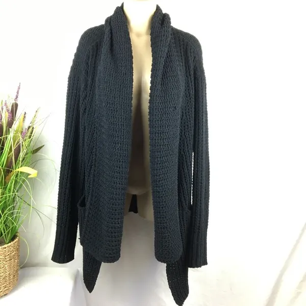 POL Black Cozy Fuzzy Soft Oversized Open Front Knit Sweater M - Image 3