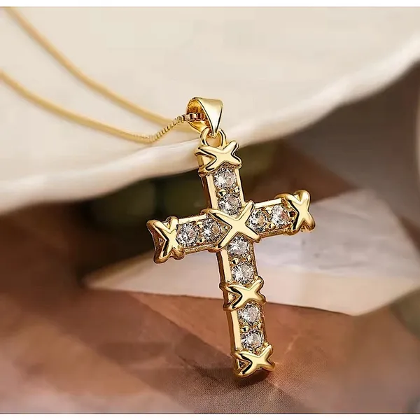 NEW Unisex 18k Gold Filled Plated Simulated‎ Diamond Cross Necklace, 16-18” - Image 3