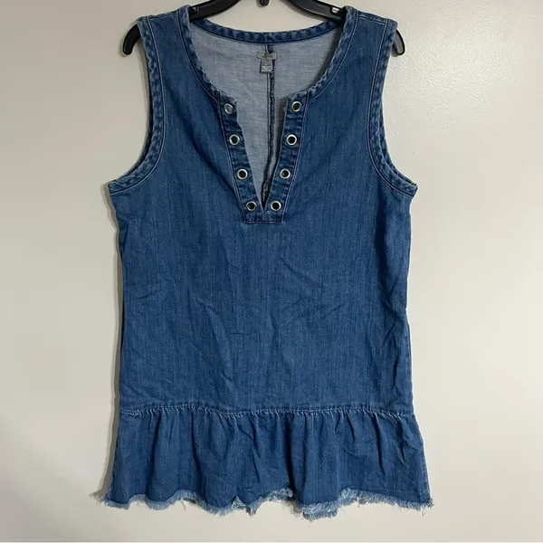Aerie Denim Lace Up Grommet Shift Dress Medium Wash Ruffle Hem Fringe Large‎ - Image 2