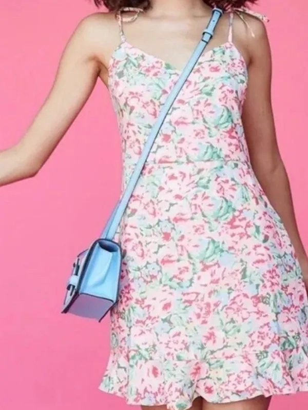 LPA Revolve Multi Ruffle Pink Blossoms Floral Spaghetti-Strap‎ Mini Dress - Image 3
