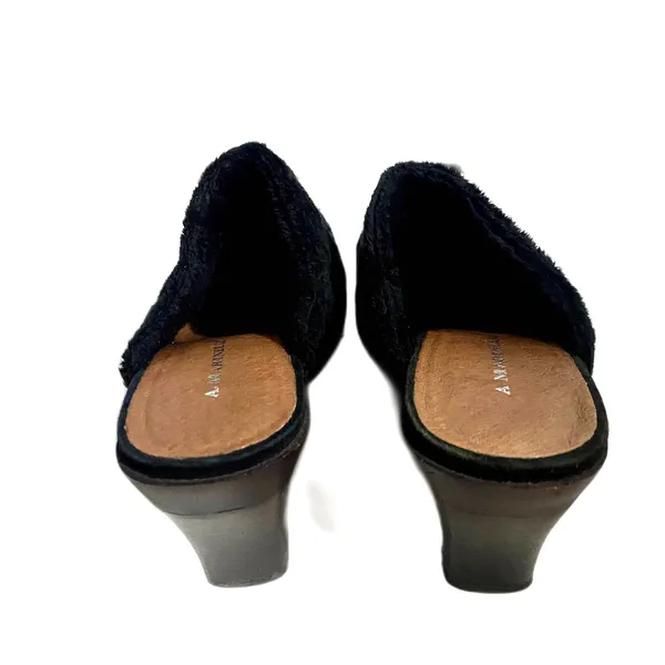 A. Marinelli Black Suede‎ Faux Fur Lined Whipstitch Mules Block Heel Size 8.5M - Image 3