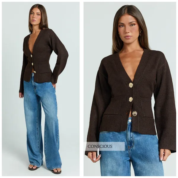 NWT Showpo Nerissa Cardigan Size 2 Brown Cinched Waist Puff Sleeve Wool Contour - Image 3