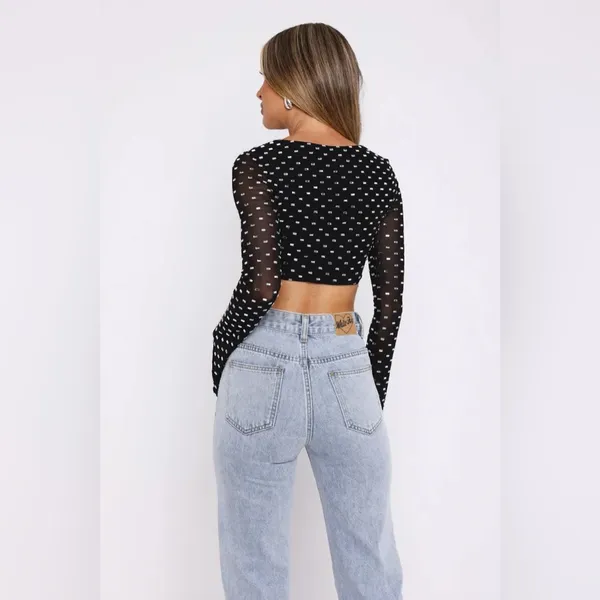 White Fox Boutique Night Lights Embellished Long Sleeve Top Black - Image 9