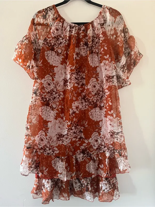 Rust Orange Silk Floral Mini Dress XS Euro Summer Resort Romantic Flutter Sleeve - Image 7