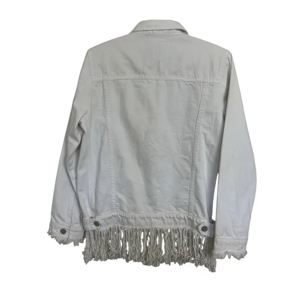 BLANKNYC White Fringe Denim Jacket S Western Rodeo Coastal Cowgirl Flap Pockets - Image 2