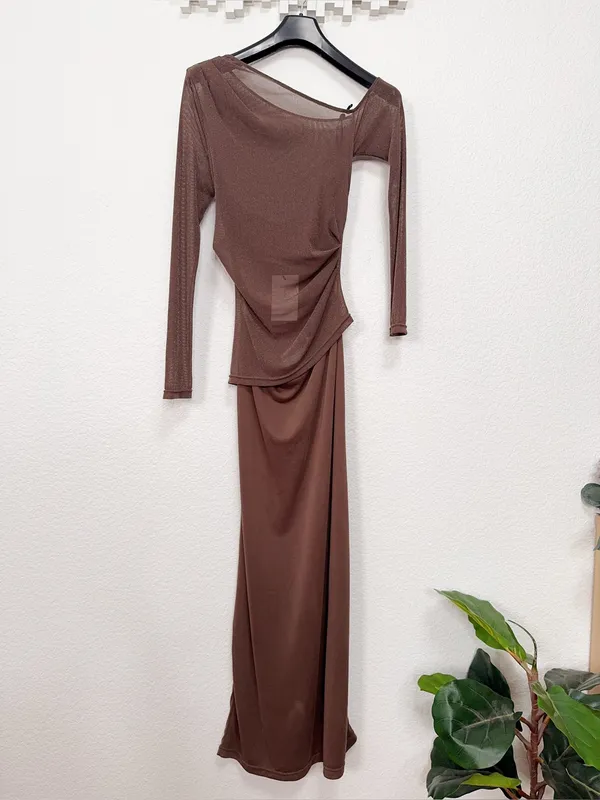 SOVERE Zeya One Shoulder Mesh Maxi Dress Mocha Ruched Sheer Long Sleeve Evening - Image 6