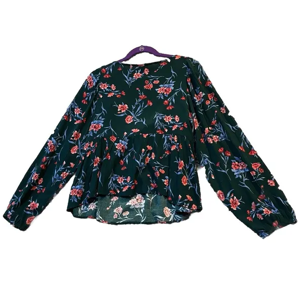 American Eagle Womens Large Peplum Top Blue Floral Tie Front Balloon Sleeve Boho - Image 2