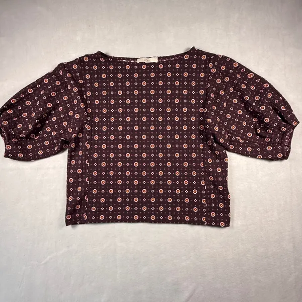 Loft Women Burgundy Floral Medallion Puff Sleeve Textured Blouse Size L - Image 3