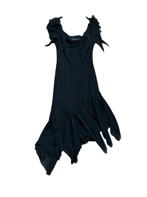 Vintage Alex Evenings Black Chiffon Midi Dress Handkerchief Hem Witchy 90s Y2K - Image 2