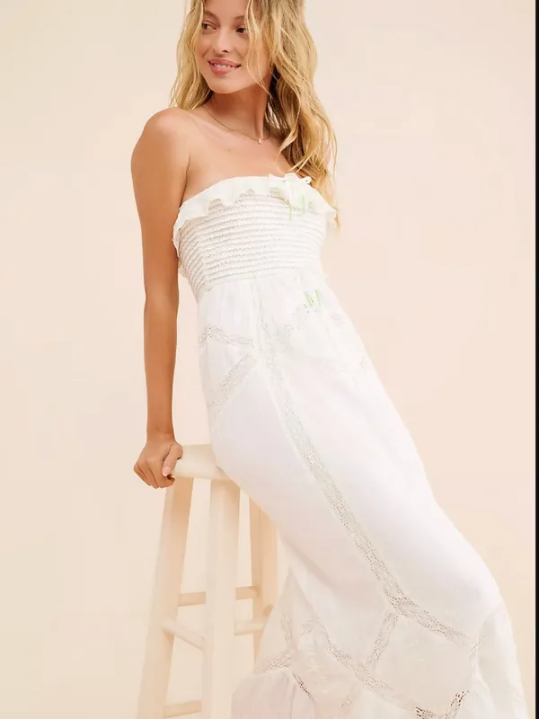 Free People Hi Hello White Cotton Smocked Strapless Lace Trim Midi Dress Size M - Image 13