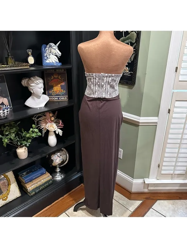 Anthropologie Lilka Brown & Grey Abstract Midi Dress – Adjustable Top – Size Med - Image 9