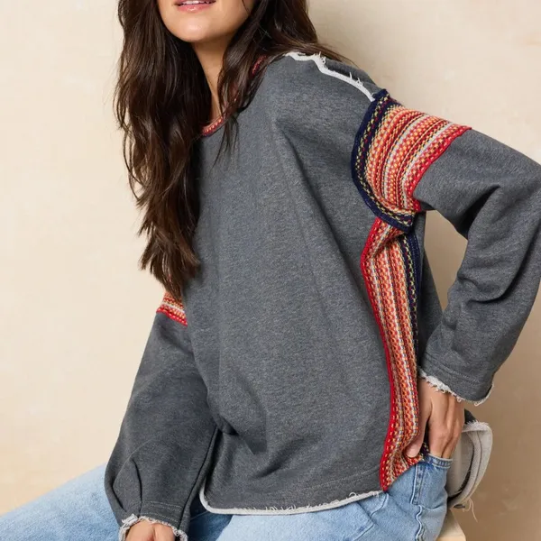 Natural Life Charcoal Tribal Trim Boho Sweatshirt Oversized Size S/M - Image 3