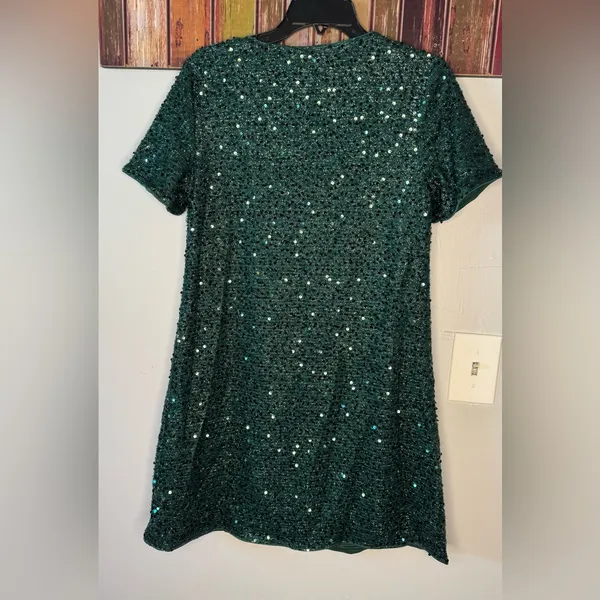 Green Sequins Round Neck Short Sleeve Dress - Image 3