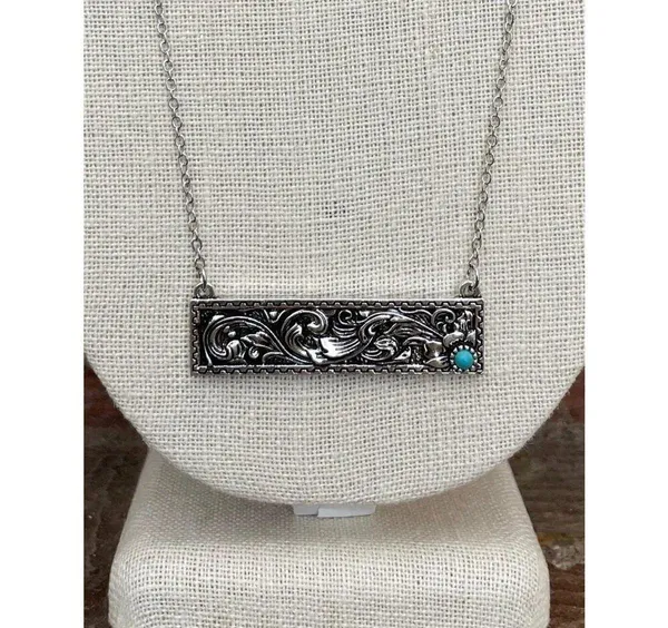 Filigree Bar Necklace with Turquoise Accented Flower - Silver - Image 3