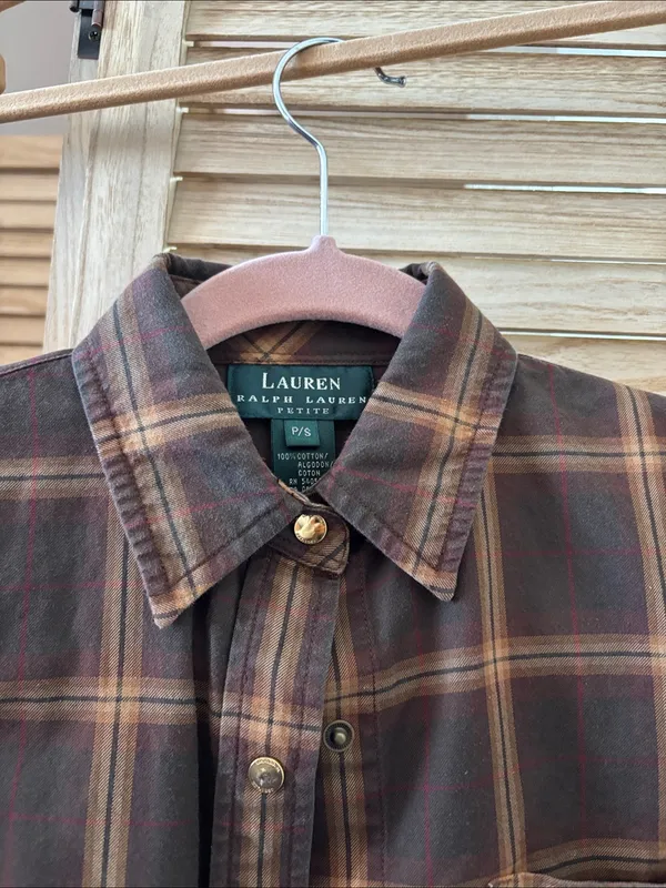Lauren Ralph Lauren Brown Plaid Casual Snap Front Shirt Petite Small - Image 4