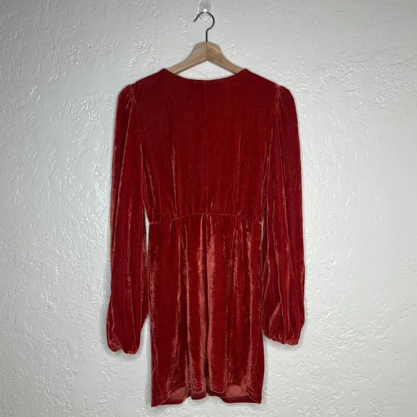 Lalavon Women's Orange Velour Velvet V-Neck Balloon Sleeve‎ Mini Dress Small - Image 3