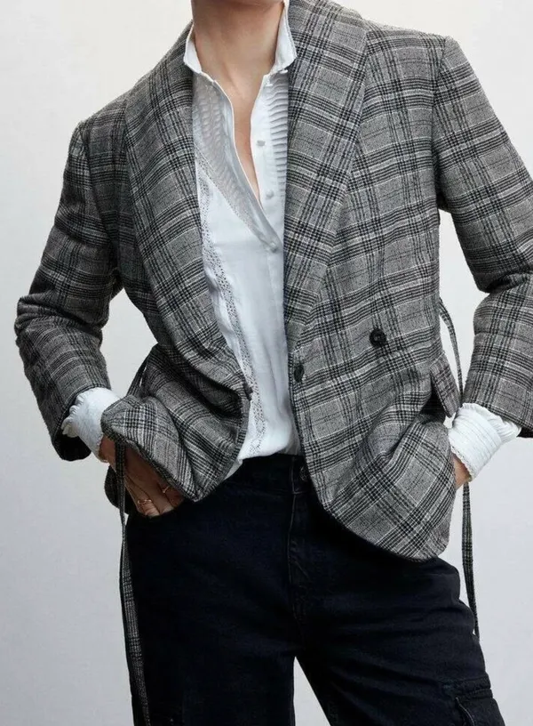 Mango Grey Checked Structured Quilted Jacket - Size M-L - Image 3