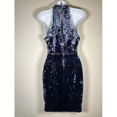 LUSH Crushed Velvet Mini Dress Small Blue Cutout Halter Mock Neck Bodycon Glam‎ - Image 4