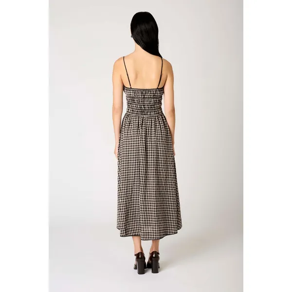NIA Black Tan Gingham Smocked Midi Thomas Dress Lace Trim Pockets Womens Medium - Image 15