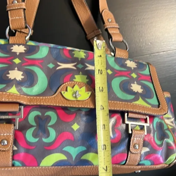 Lily Bloom Multicolor Satchel Handbag‎ Geometric Floral Coated Canvas Brown Trim - Image 4