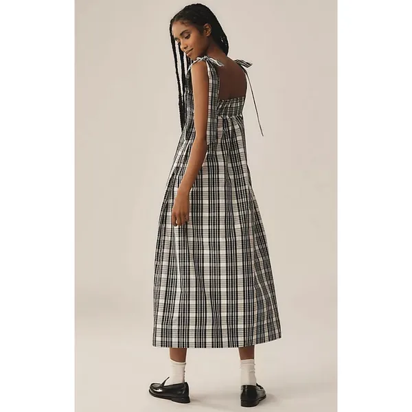 MAEVE Square Neck Tie Strap Midi Dress in Plaid Size Large - Image 3
