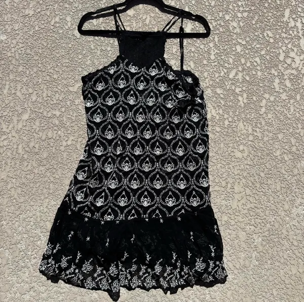 By Anthropologie Sheer Embroidered Mini Dress Black White Size Medium - Image 3