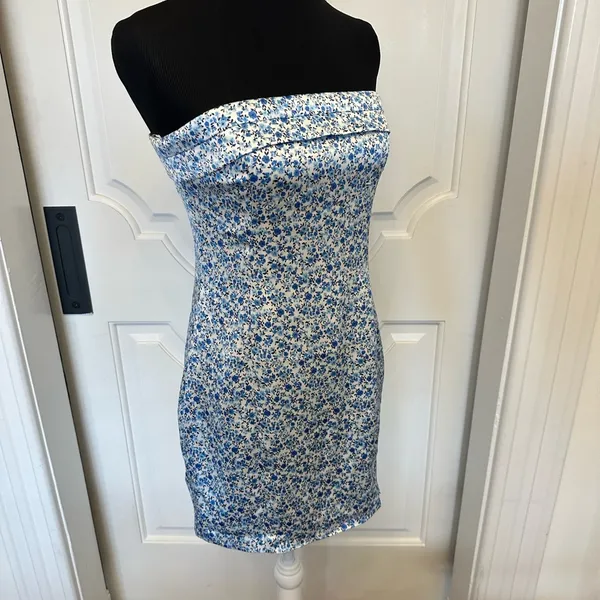 Altar’d State Floral Blue Strapless Dress Notch Slit Mini NWOT - Image 7