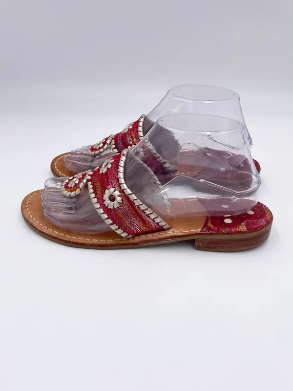 Jack Rogers Navajo Flat Metallic Red Silver Whipstitch Leather Thong Sandals 7 N - Image 6