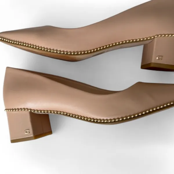Coach Pointed Low Block Heel Pumps in Tan with Beaded Trim - Image 4